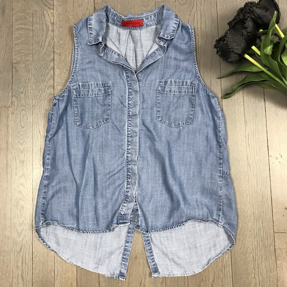 Signature 8 Button Down Chambray Denim Jean Top